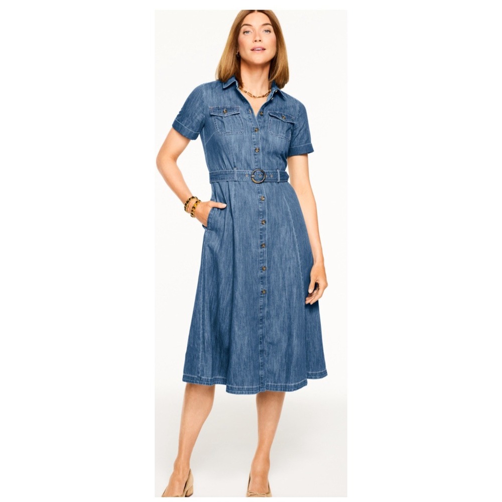 Talbots Fit & Flare Denim Dress NWT Button Front Womens Size 14 Belt Preppy